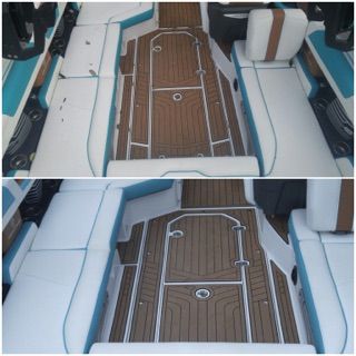 A before and after photo of a boat with a wooden deck