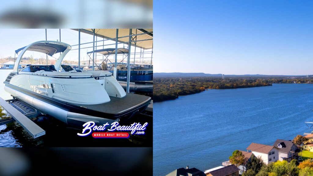 A boat is sitting on a dock next to a large body of water.