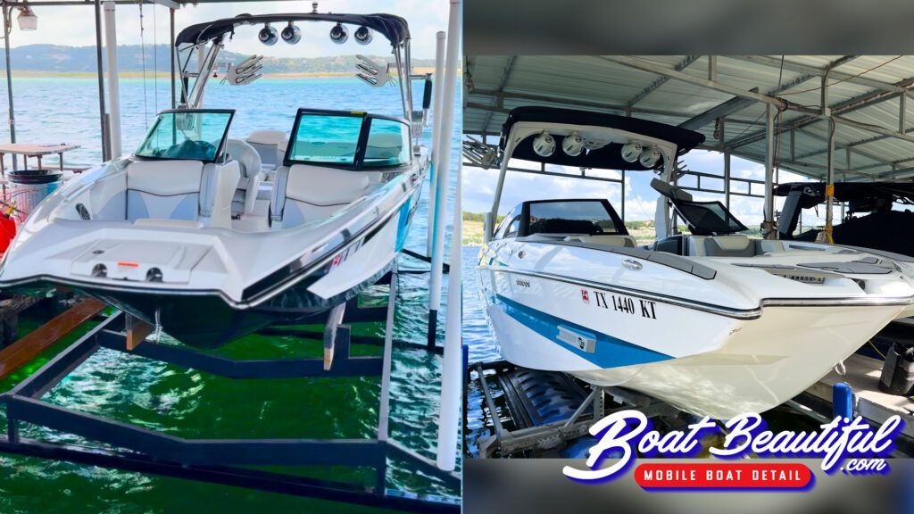 A boat is sitting in a dock next to another boat.