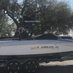 A white boat is parked on the side of the road next to a tree.