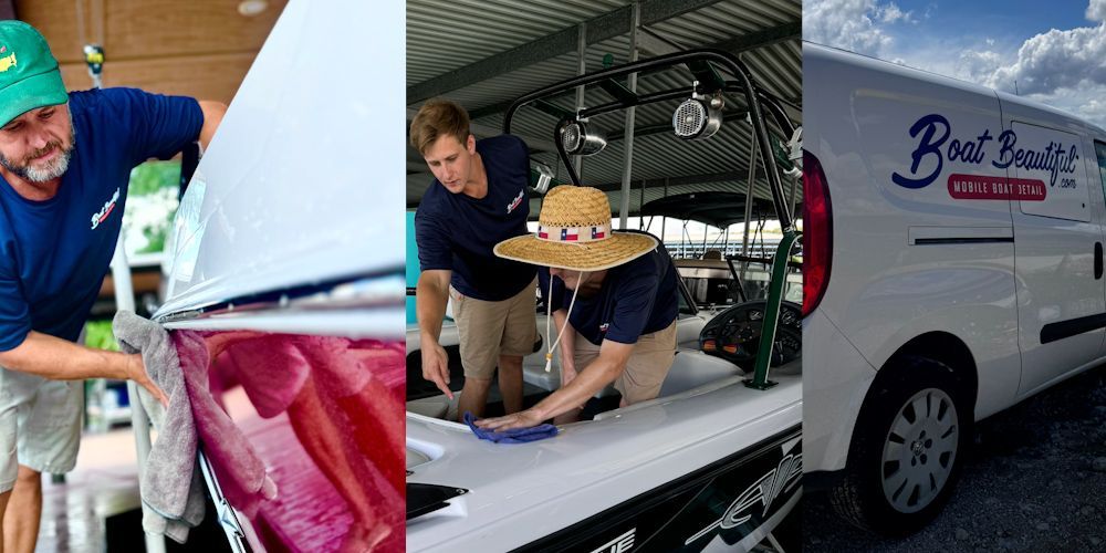 A collage of three pictures of men working on a boat and a van.