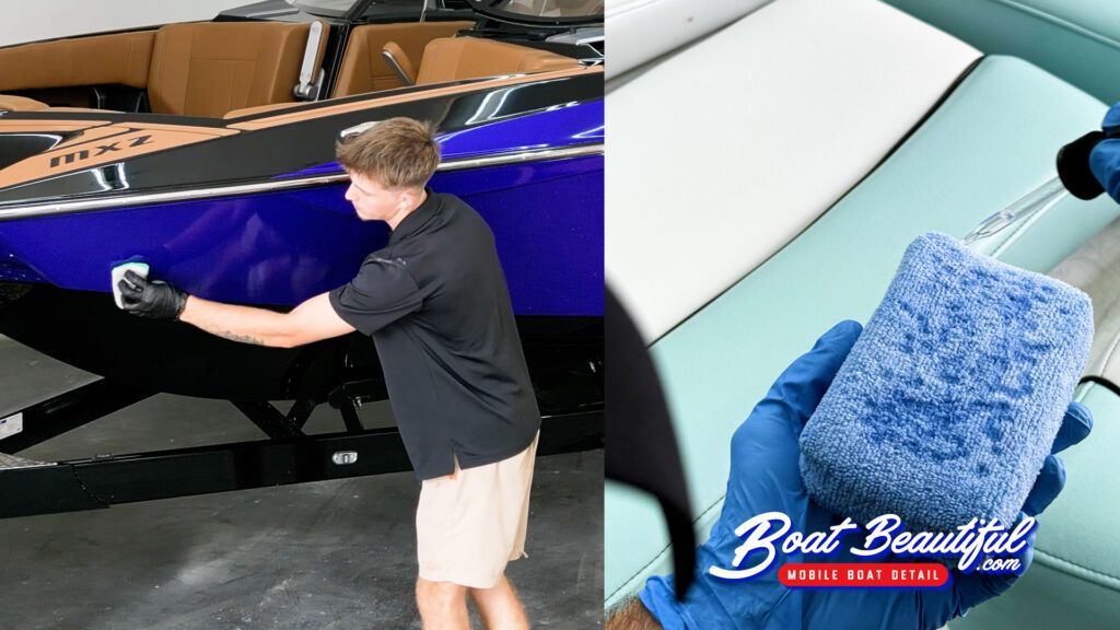 A man is cleaning a boat with a sponge.