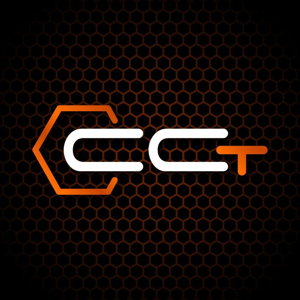 A logo for a company called cct on a honeycomb background.