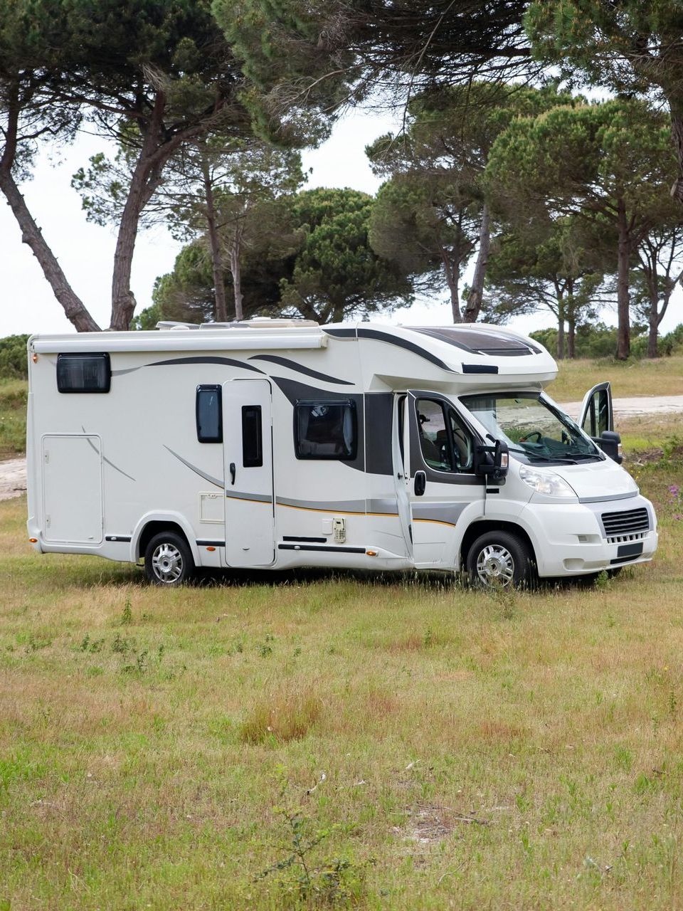 A white rv is parked in a grassy field with trees in the background.