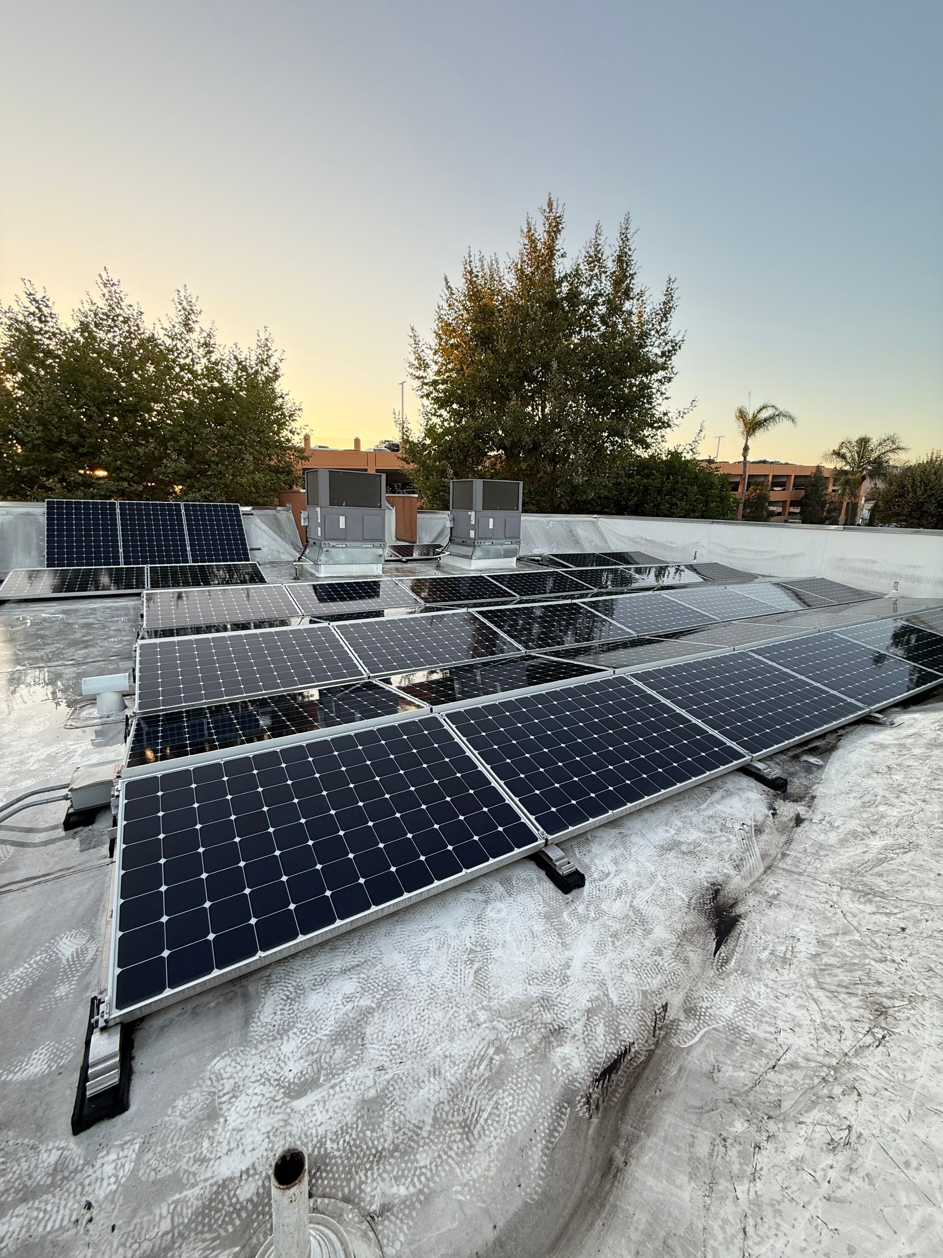Solar panels installed on a rooftop against a blue and orange sky. Trees and building vents are also visible.