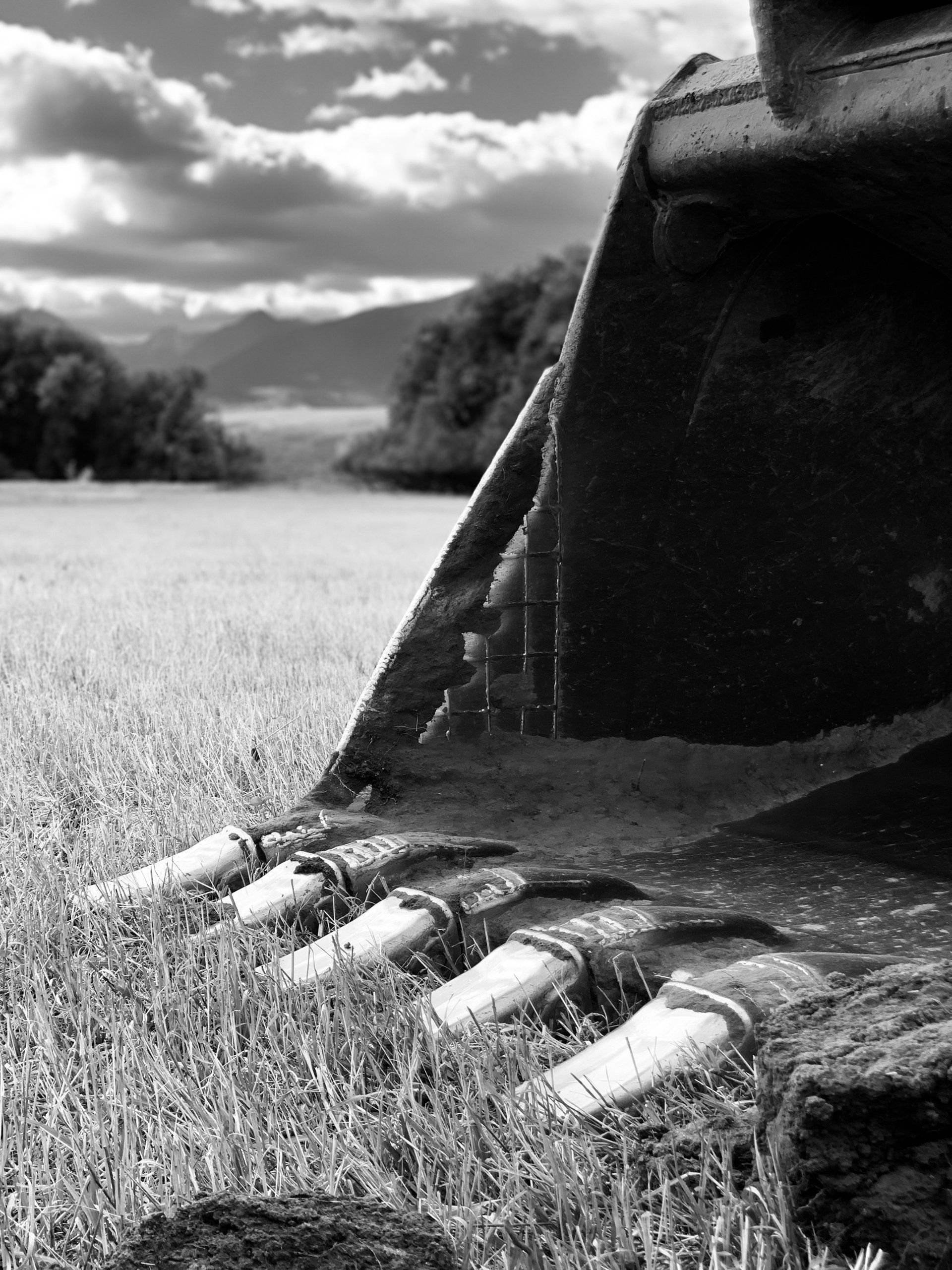 Close-up of an excavator bucket with prominent metal teeth resting in a grassy field against a cloudy sky.