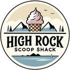 Logo for High Rock Scoop Shack featuring a soft-serve ice cream cone above mountain silhouettes and water.