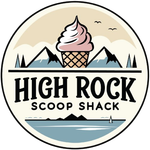 Logo for High Rock Scoop Shack featuring a soft-serve ice cream cone above mountain silhouettes and water.