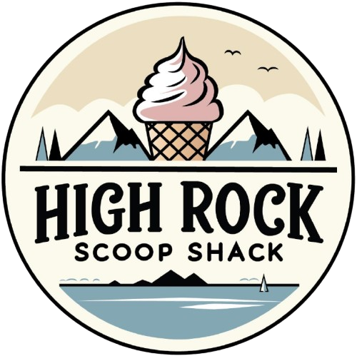 Logo for High Rock Scoop Shack featuring a soft-serve ice cream cone above mountain silhouettes and water.
