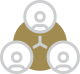 Three gray outlined user icons arranged in a triangle over a solid gold circle with a Y-shaped connector in the center.