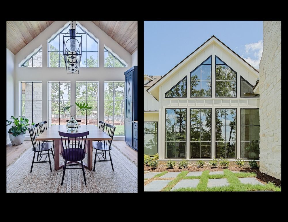 Split screen showing an interior dining room with large windows and the corresponding exterior view of a modern house.
