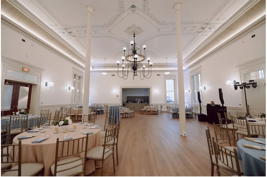 A large room with tables and chairs set up for a wedding reception.