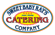 The logo for sweet baby rays catering company is a rainbow colored oval.