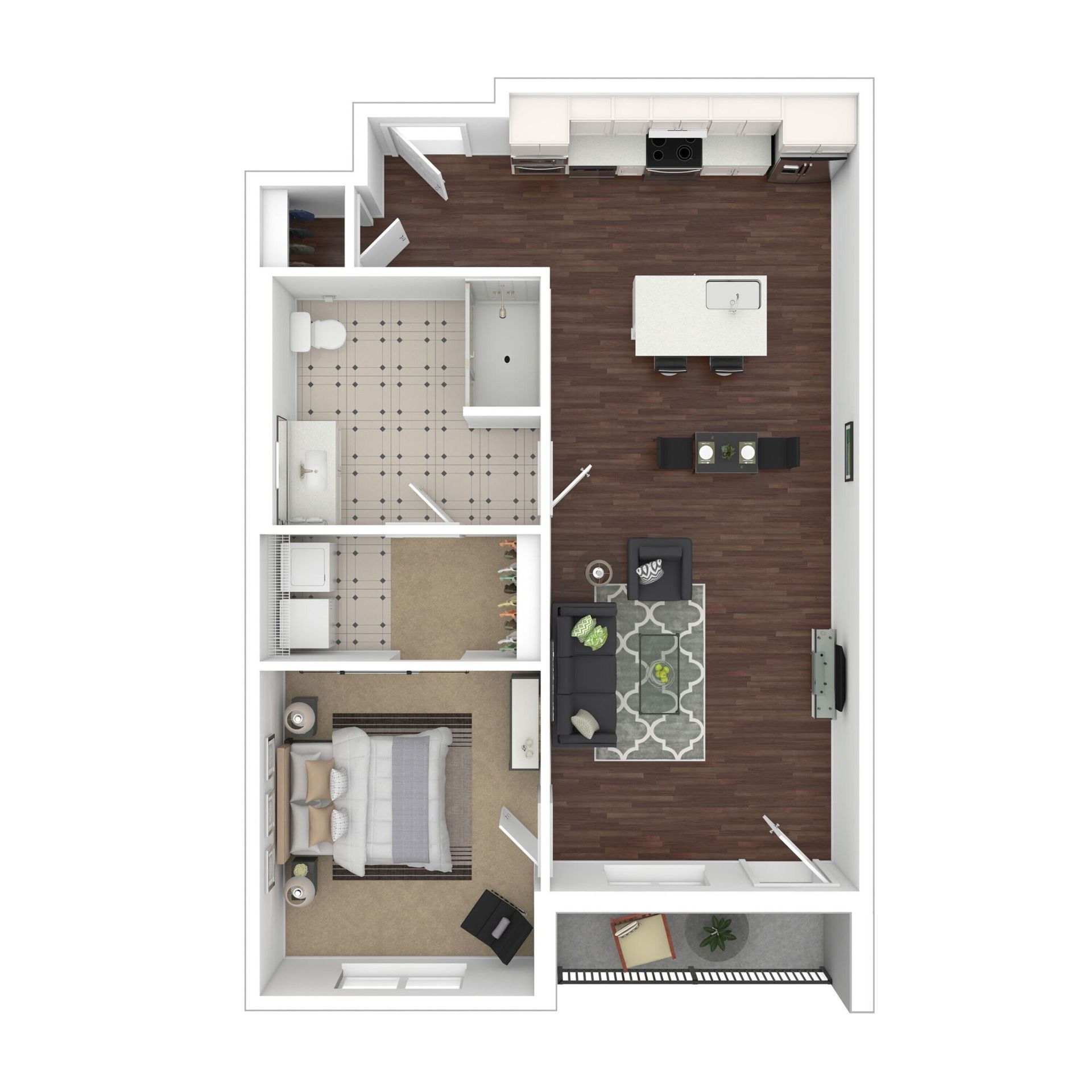 Floor plan: One-bedroom apartment layout with kitchen, living room, and bathroom.
