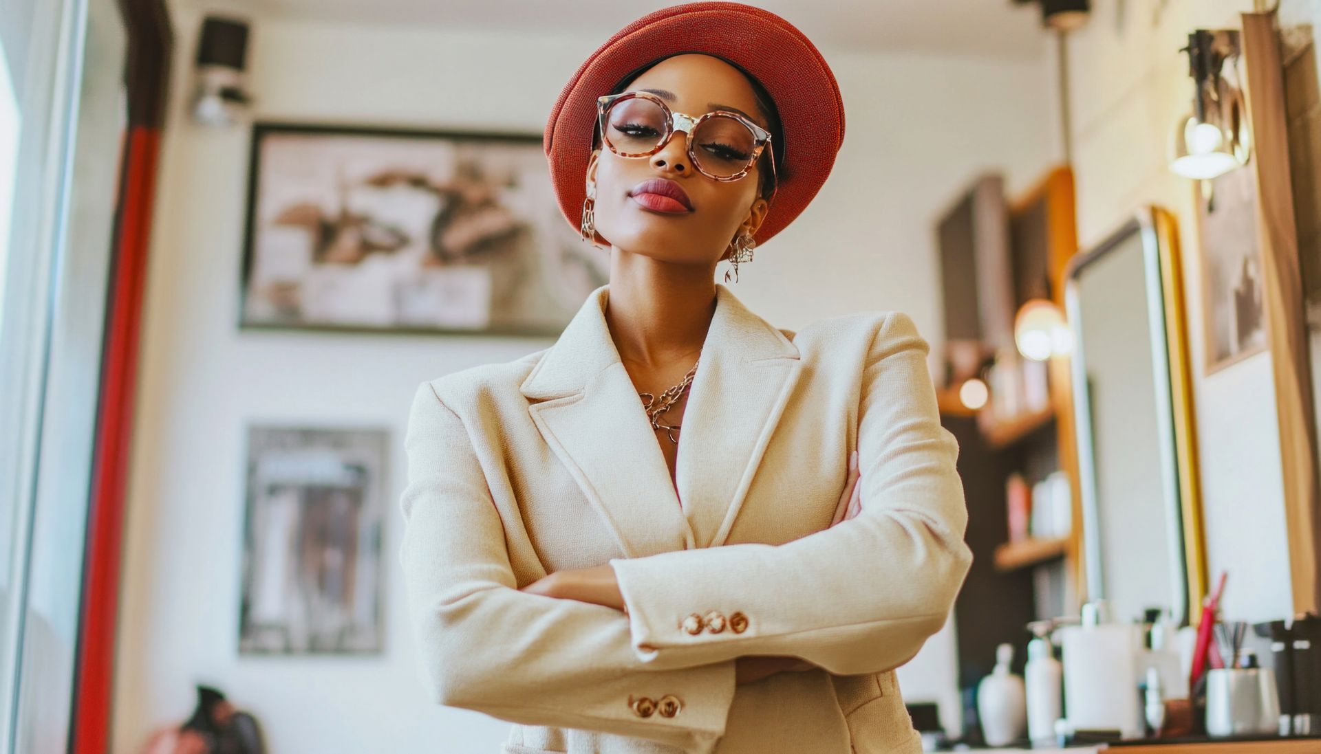 Woman in tan blazer, glasses, and red hat, arms crossed, in a well-lit salon.