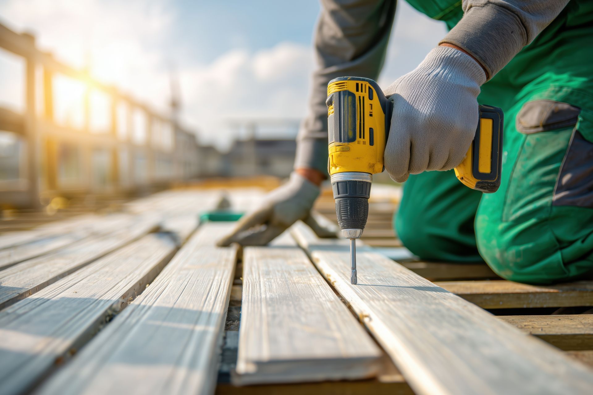 Deck builder installing wooden boards with power drill.