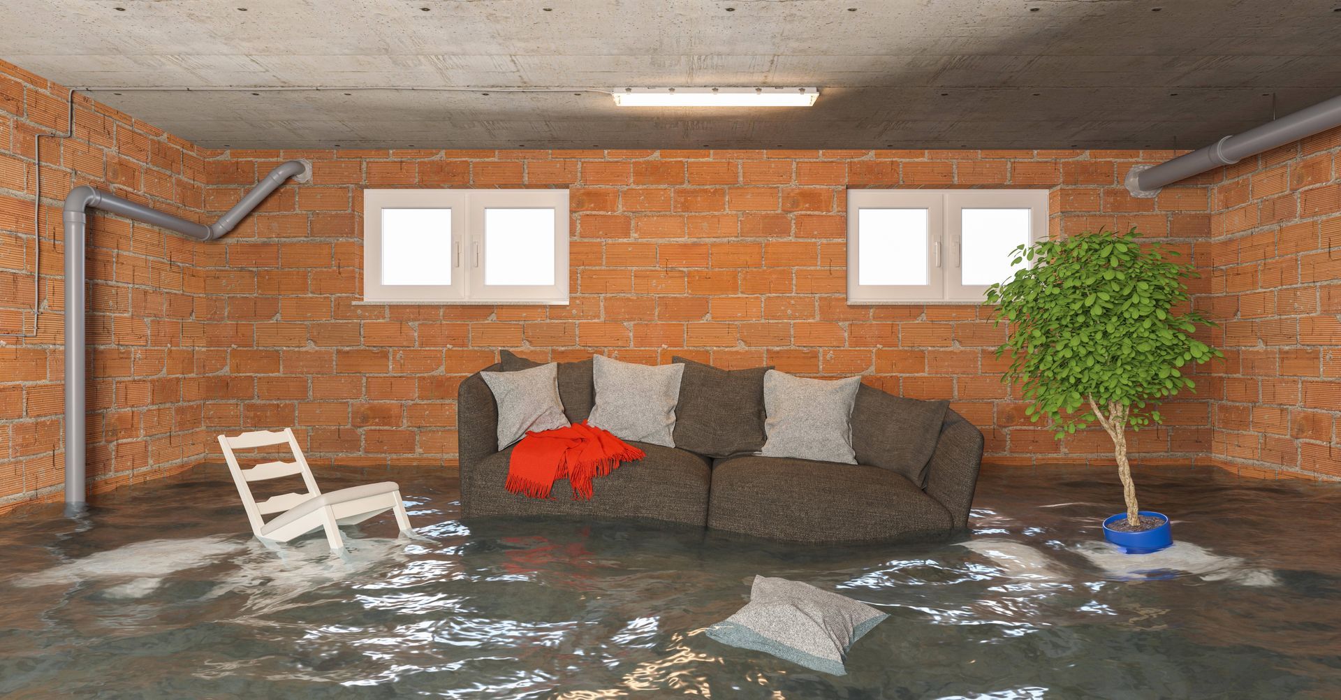 Flooded basement with brick walls, couch, chair, and a plant. Water covers the floor.