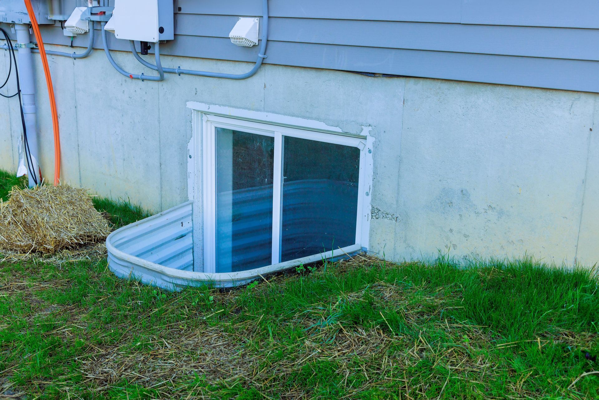 Basement window with a white frame and corrugated well, in a grassy yard.