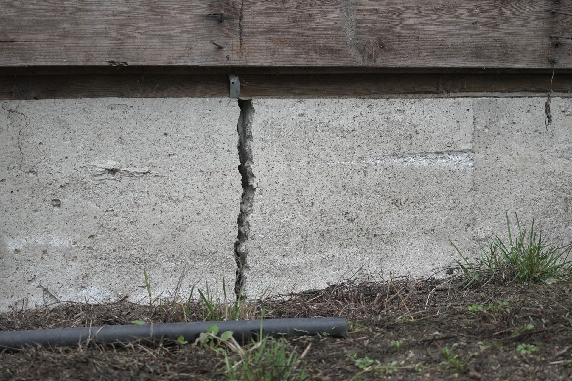 A concrete foundation wall with a vertical crack, near ground level, with a wooden beam above.