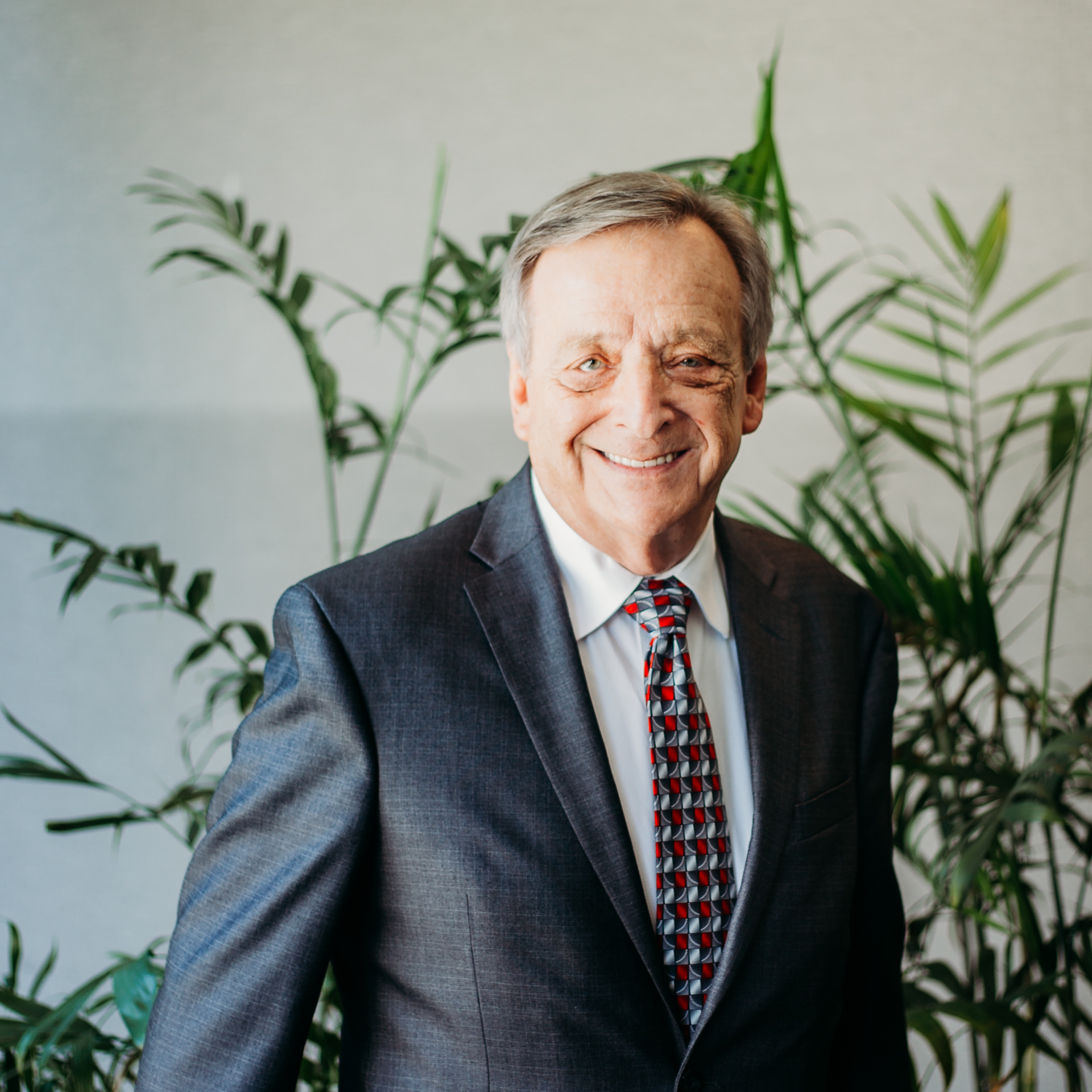 Male lawyer in a suit and tie is smiling in front of a plant.