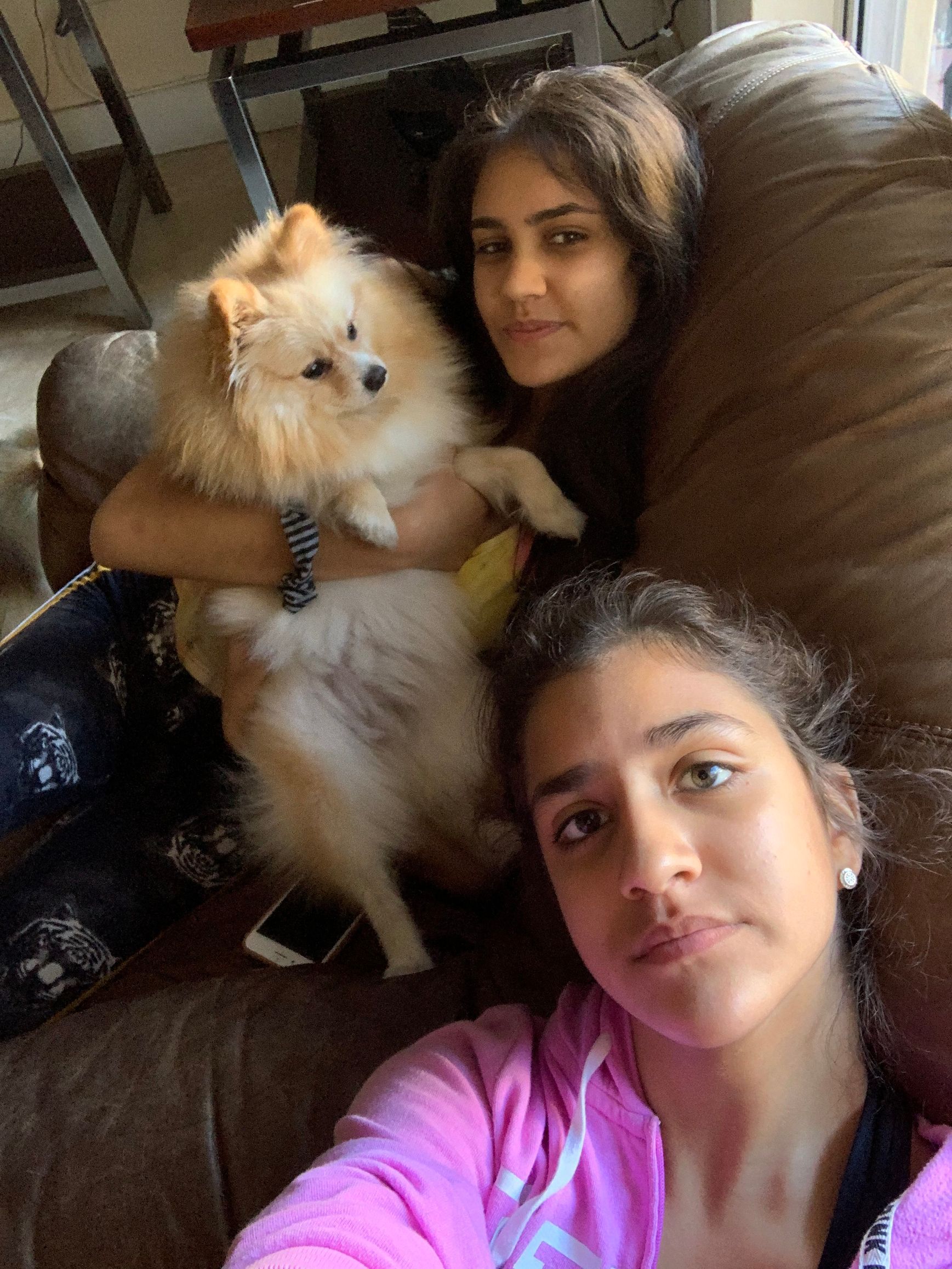 Two women are sitting on a couch holding a small dog