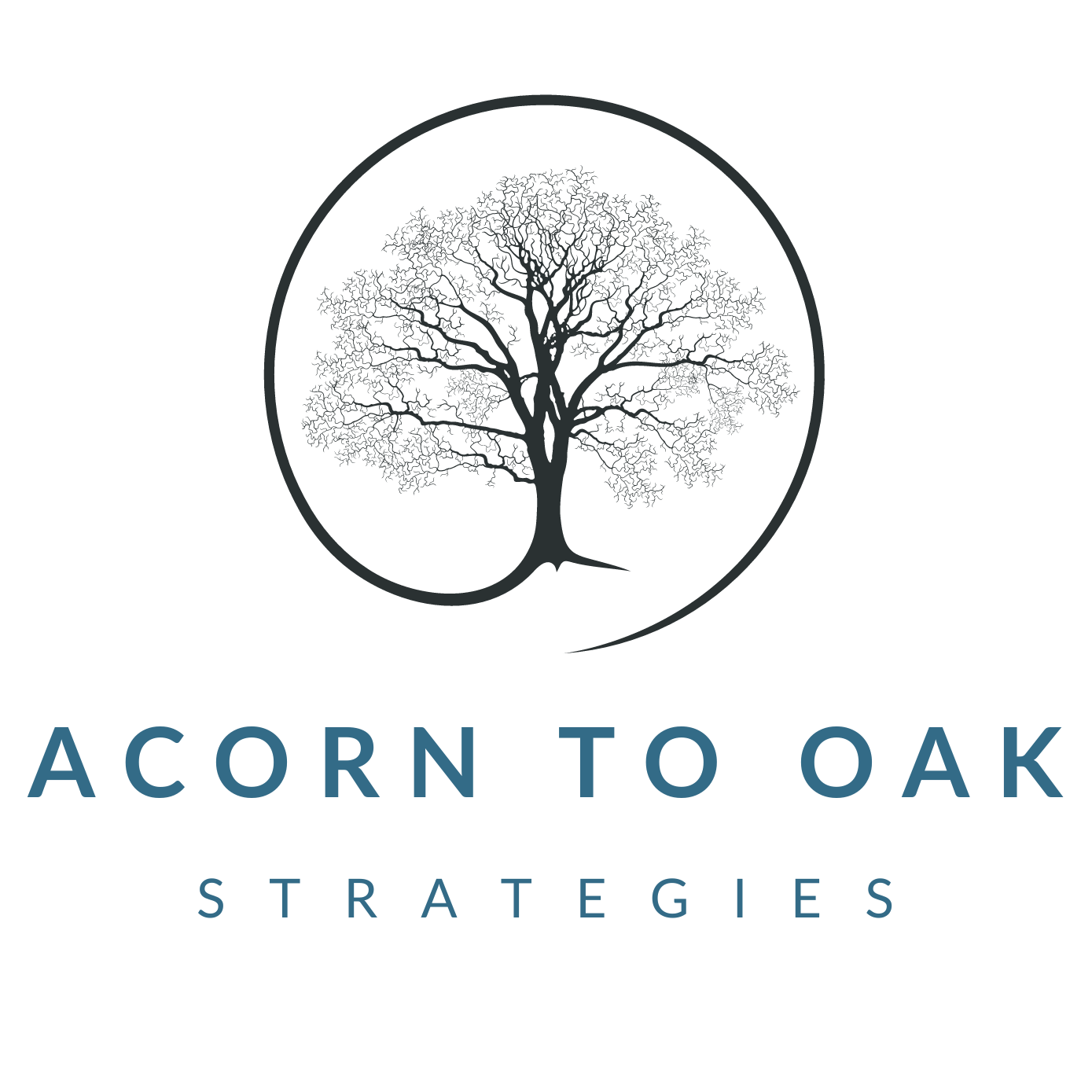 The Acorn to Oak Strategies logo, an oak tree with a circle around and Acorn to Oak Strategies text below | Acorn to Oak Strategies SEO Web Design