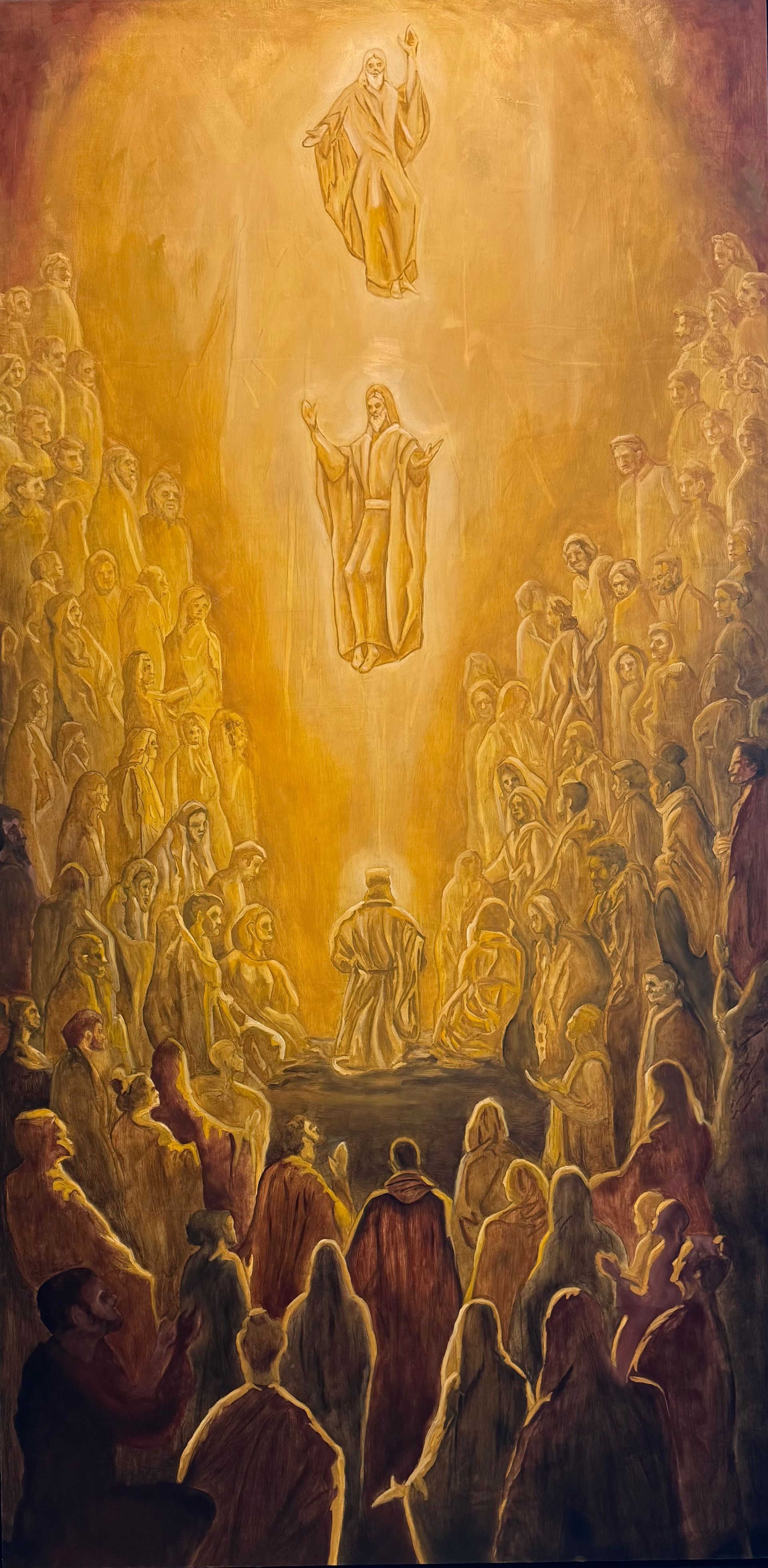 A painting of a crowd of people standing in a circle.