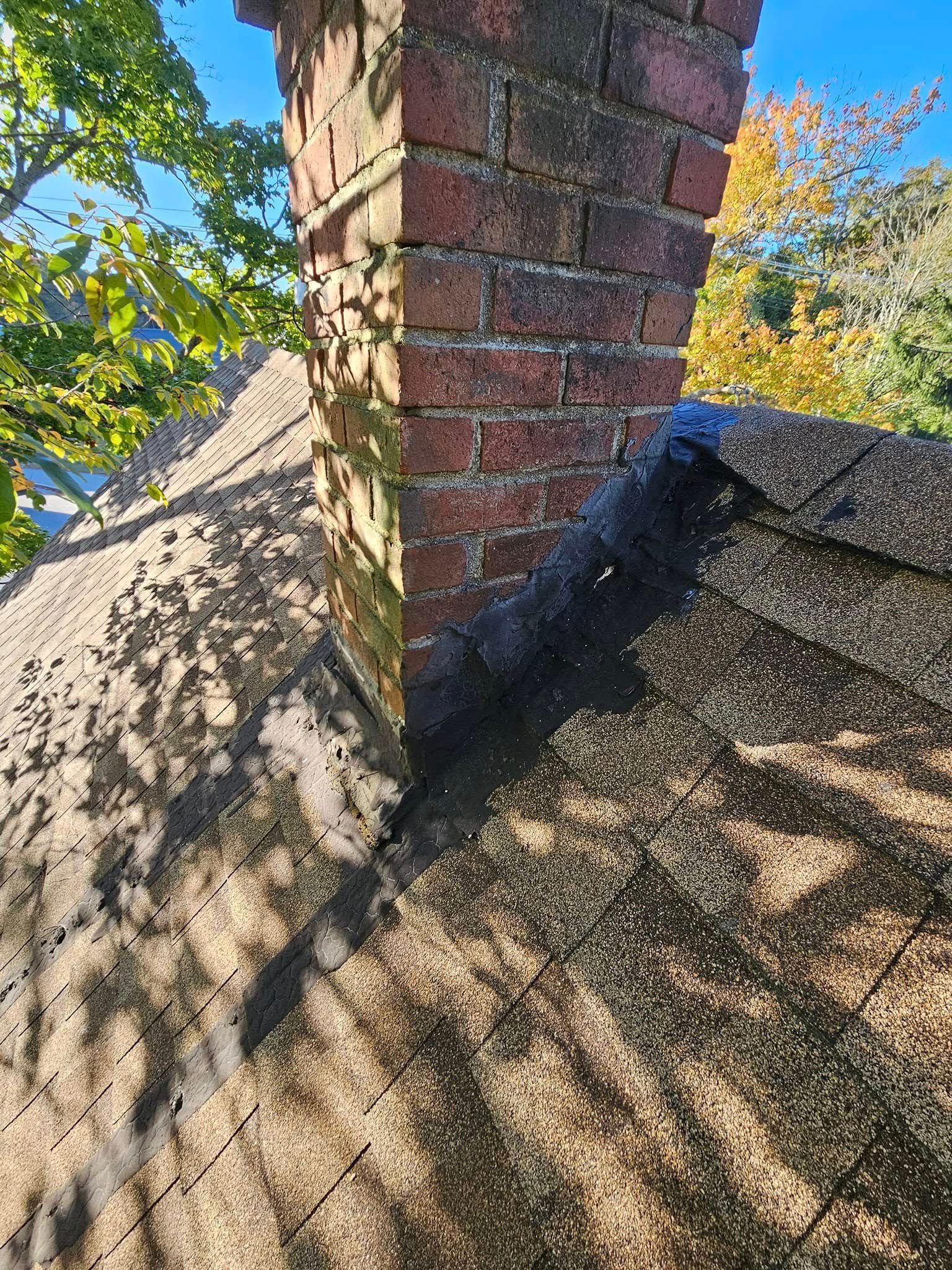 Brick chimney on a weathered shingled roof, trees in the background.