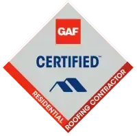 GAF Certified Residential Roofing Contractor logo: red, white, and blue diamond-shaped emblem.