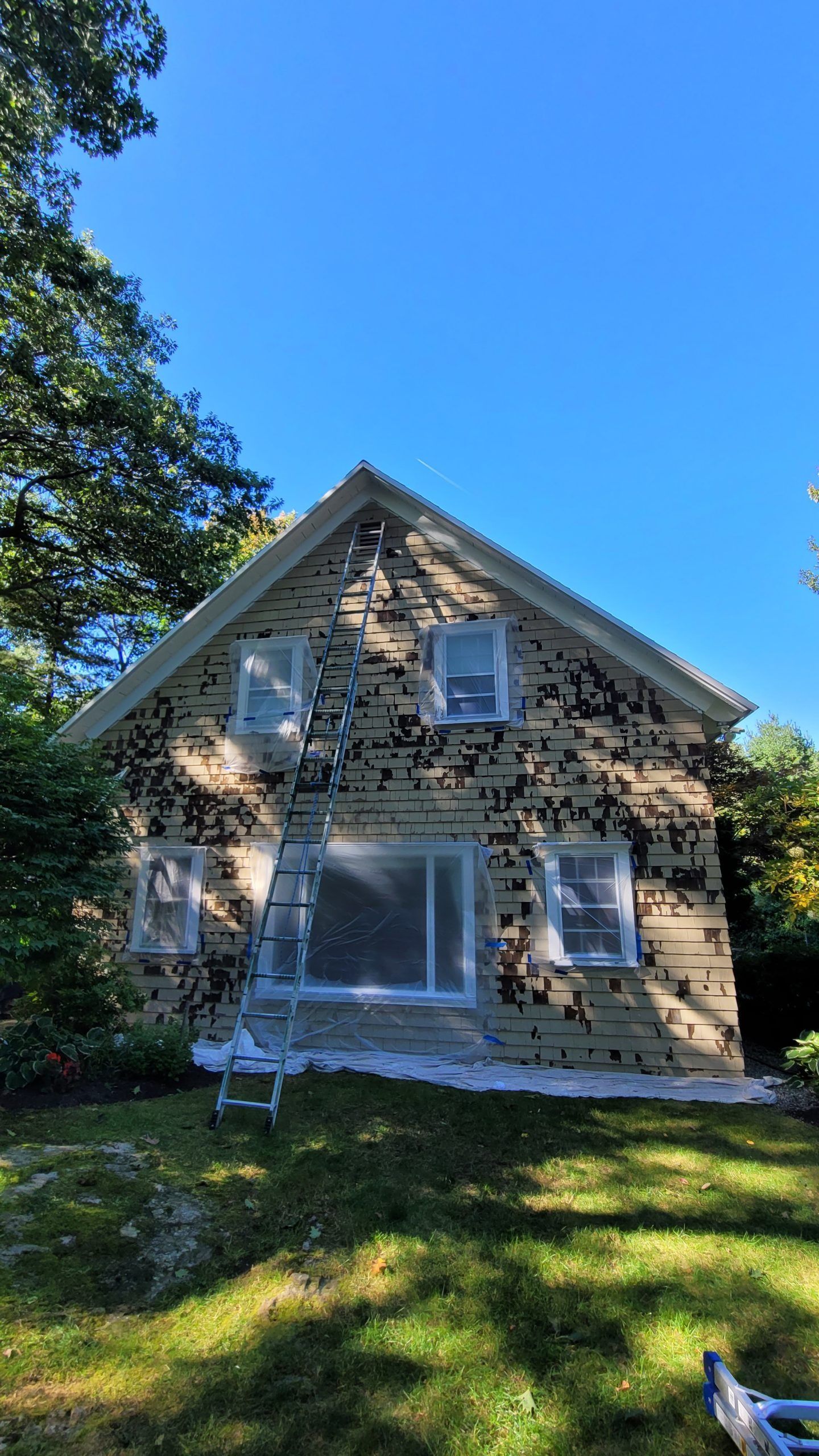 House with peeling paint and taped windows, surrounded by green trees and grass, under a blue sky.