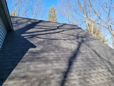Gray shingle roof on a house with shadows cast by trees against a blue sky.
