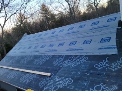 Roof under construction with ice and water shield installed.