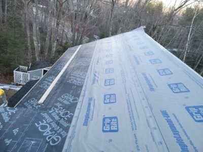 Rooftop with black and blue underlayment and bare trees in the background.