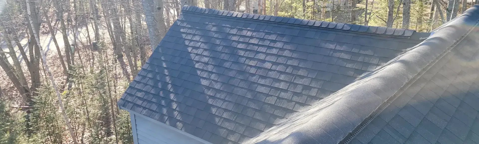 Gray roof of a building with visible shingles. Trees in the background. Sunny day.