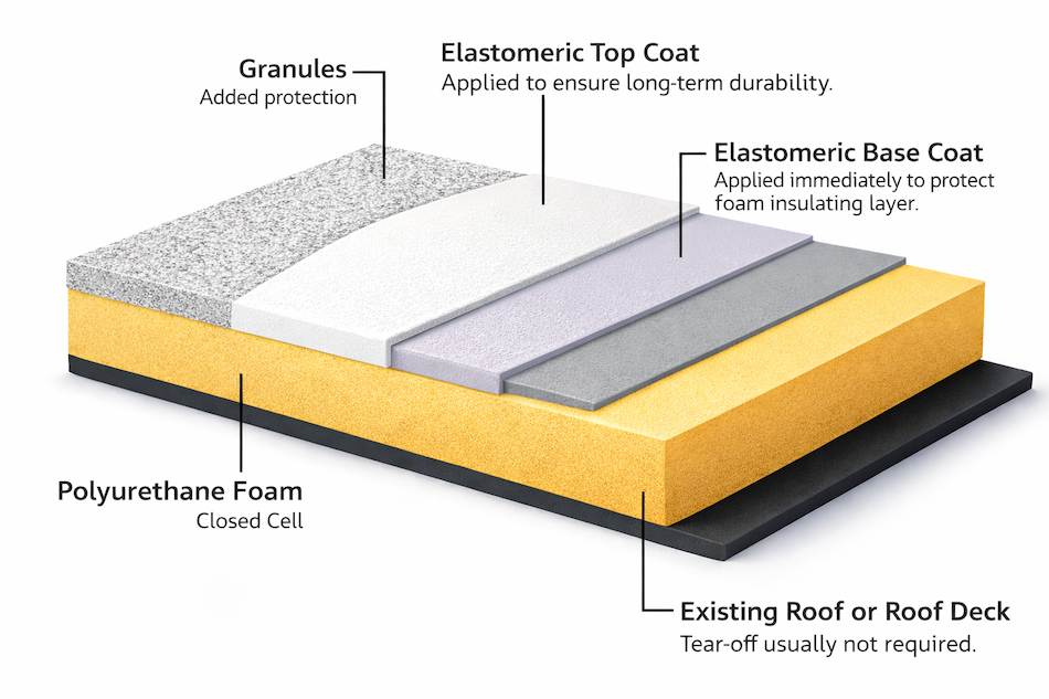 A 3D diagram showing the layers of a polyurethane foam roof system, from the base deck up to the protective granules.