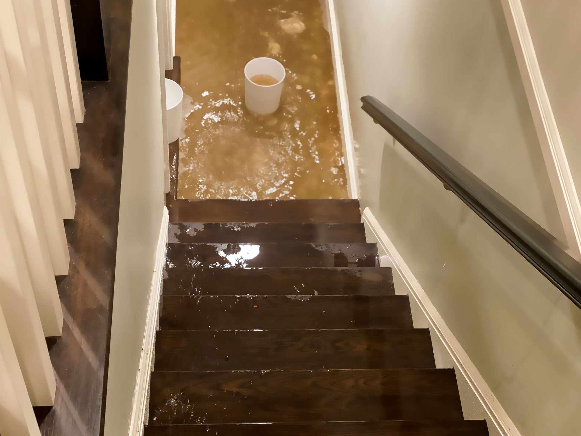 A flooded staircase with water covering the lower steps and a white bucket floating in the deep water at the base.