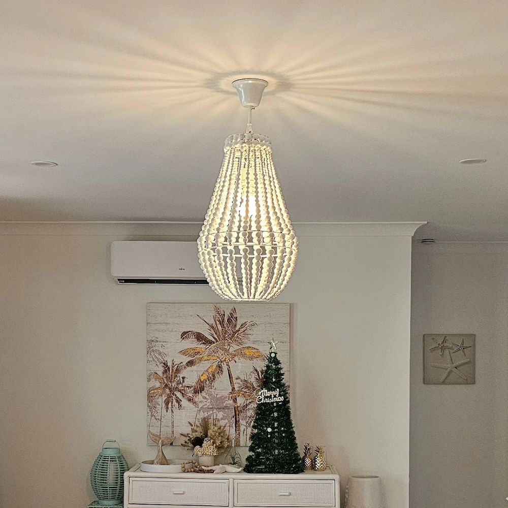 White Beaded Chandelier Hanging From Ceiling — White Rose Electrical in Coffs Harbour, NSW