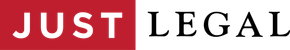 A red and white logo that says just legal