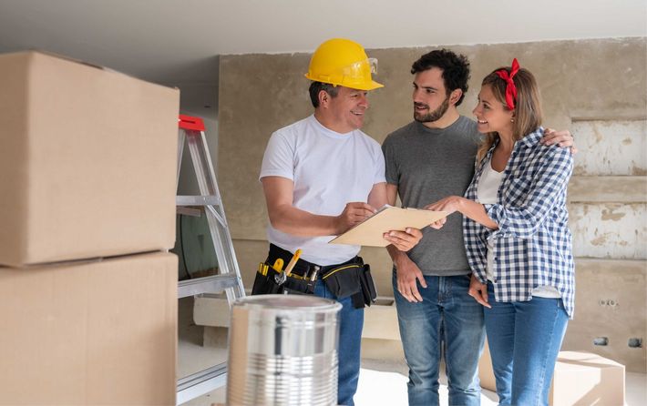 Construction worker with clipboard talking to a couple in a room with cardboard boxes and a ladder.