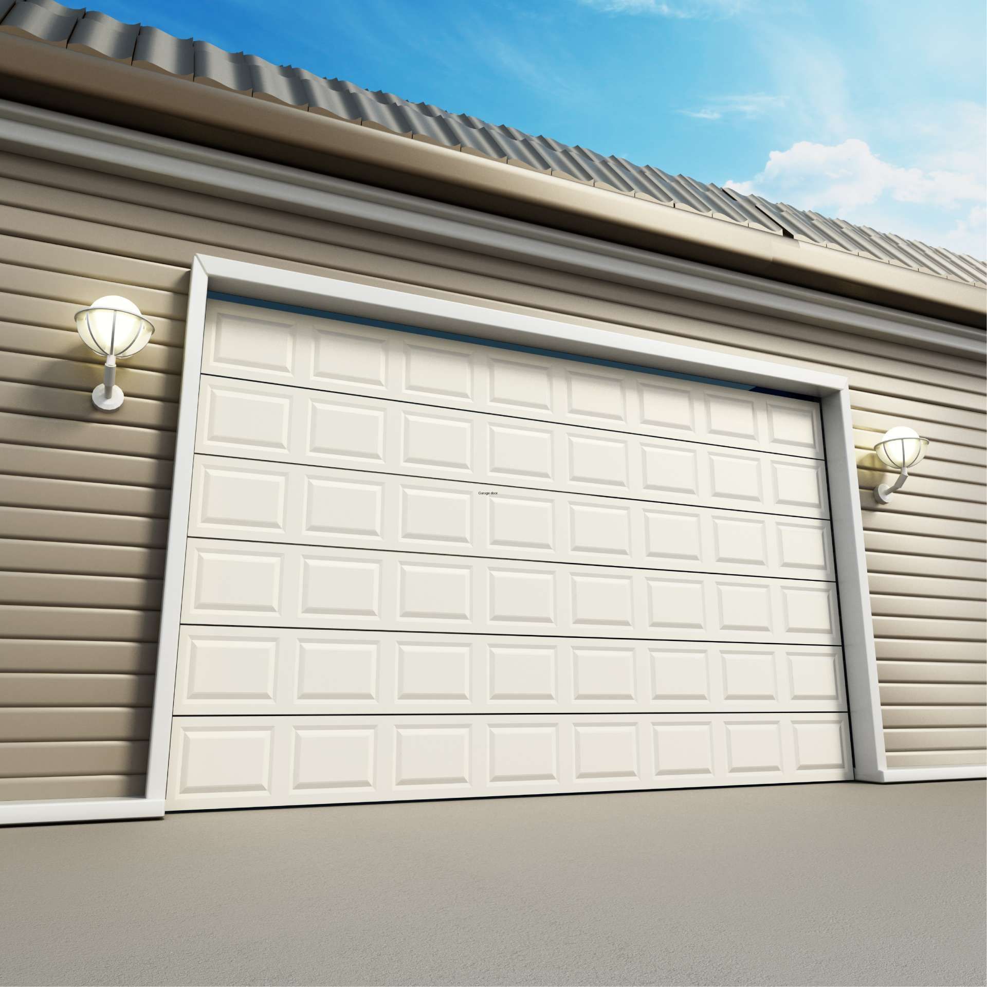 White garage door on beige siding, flanked by lights, under a blue sky.