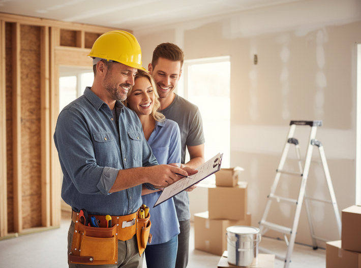 Construction worker with clipboard talking to a couple in a room with cardboard boxes and a ladder.