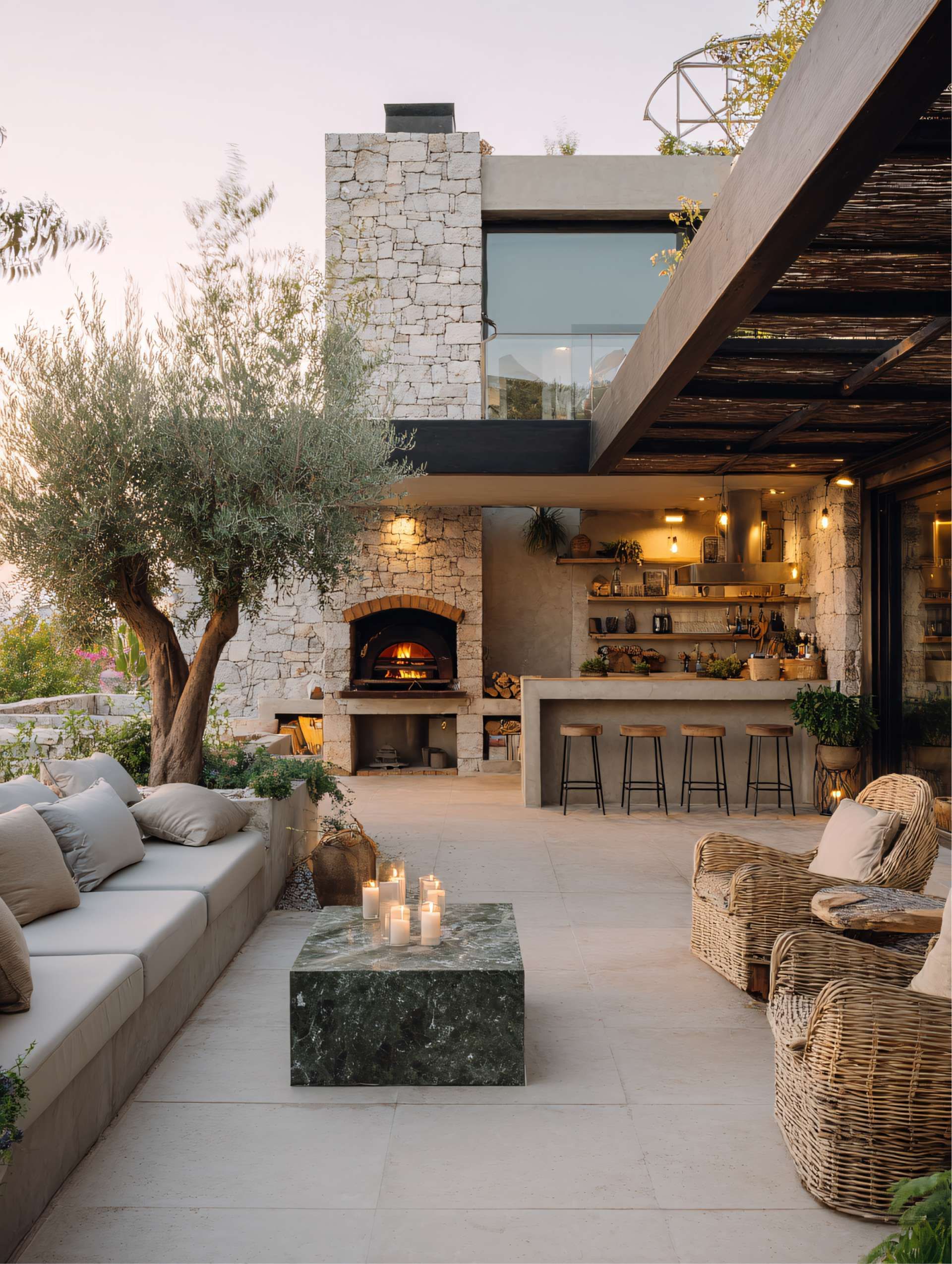 Outdoor patio with stone fireplace, bar, seating, and olive tree.