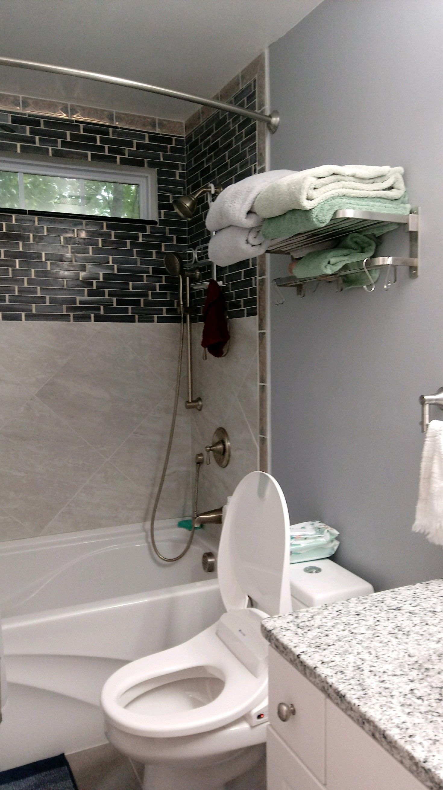 A bathroom with a toilet a bathtub and a towel rack
