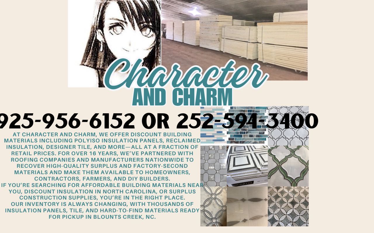Promotional flyer for Character and Charm featuring tile samples, contact numbers, and a brief description of services.