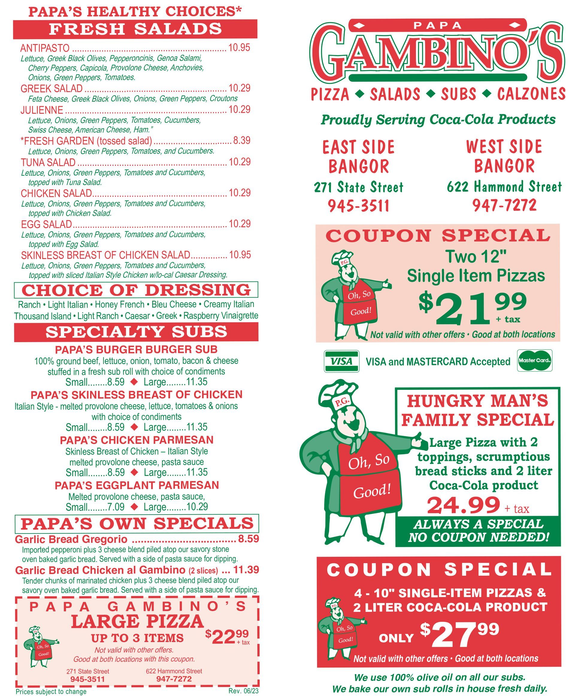 Gambino's Menu Page 1 — Bangor, ME — Papa Gambino's Pizzas Subs