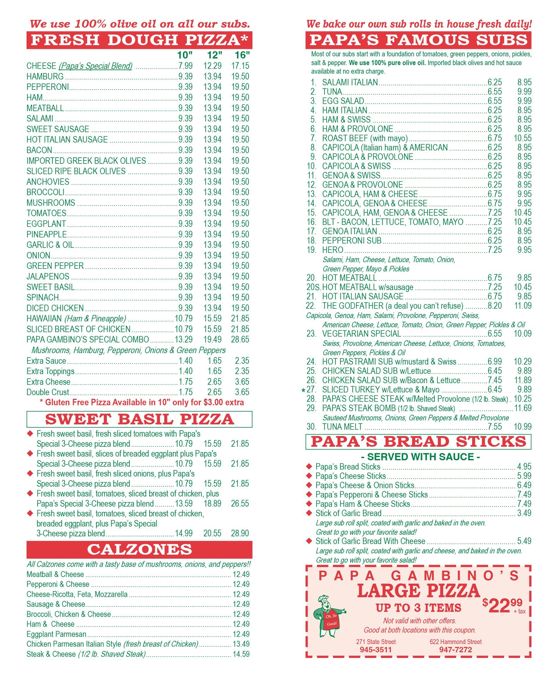 Gambino's Menu Page 2 — Bangor, ME — Papa Gambino's Pizzas Subs
