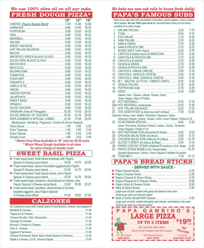 Papa Gambino's Pizzas Subs - Corporate Office - menu