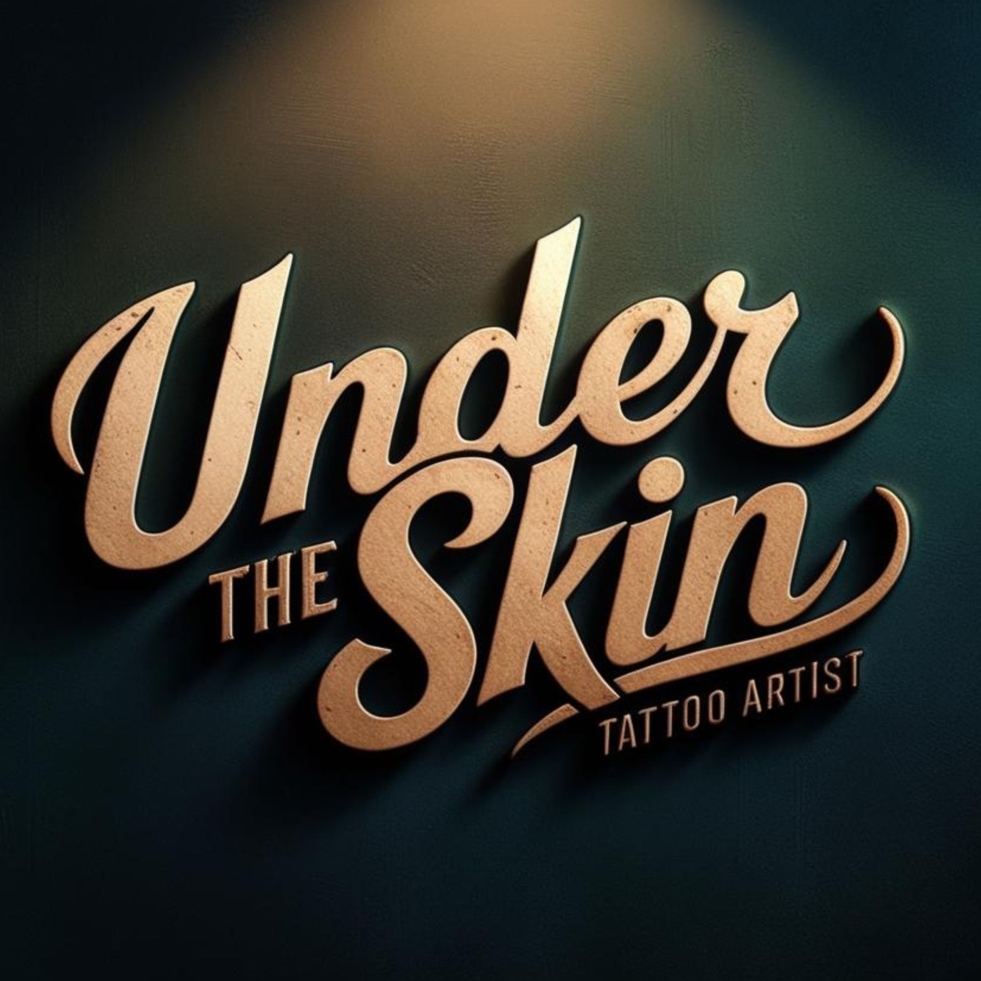 The logo for under the skin tattoo artist is on a wall.