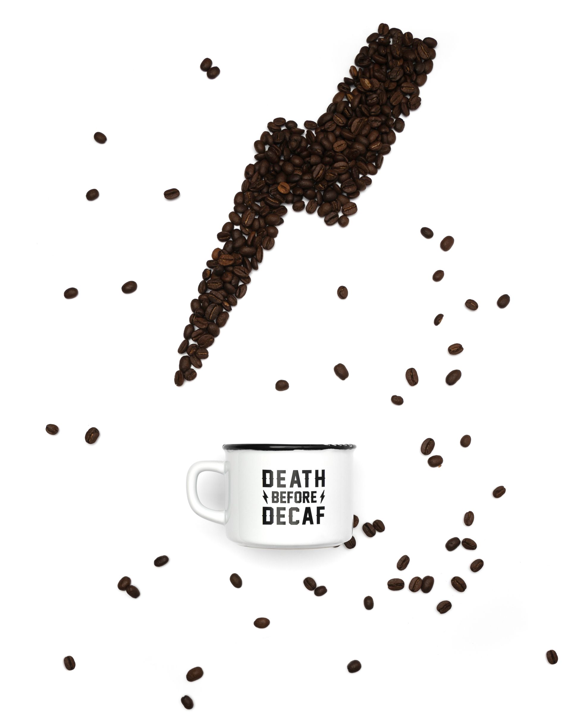 A cup of coffee is surrounded by coffee beans and a lightning bolt made out of coffee beans.