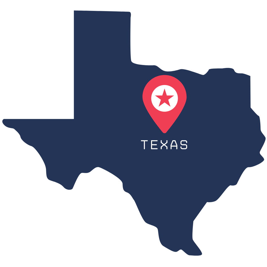 Map of Texas with a red location marker, in the center with a white star, and the word 